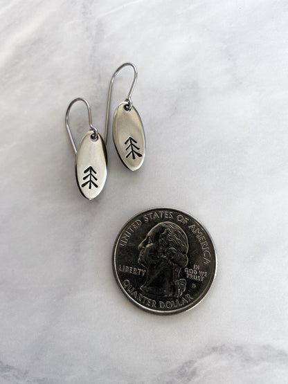 Straight Pine Tree Earrings - Camping Earrings - Silver Tree Jewelry - Stainless Steel Stamped Oval Dangle Earrings - Pine Earrings
