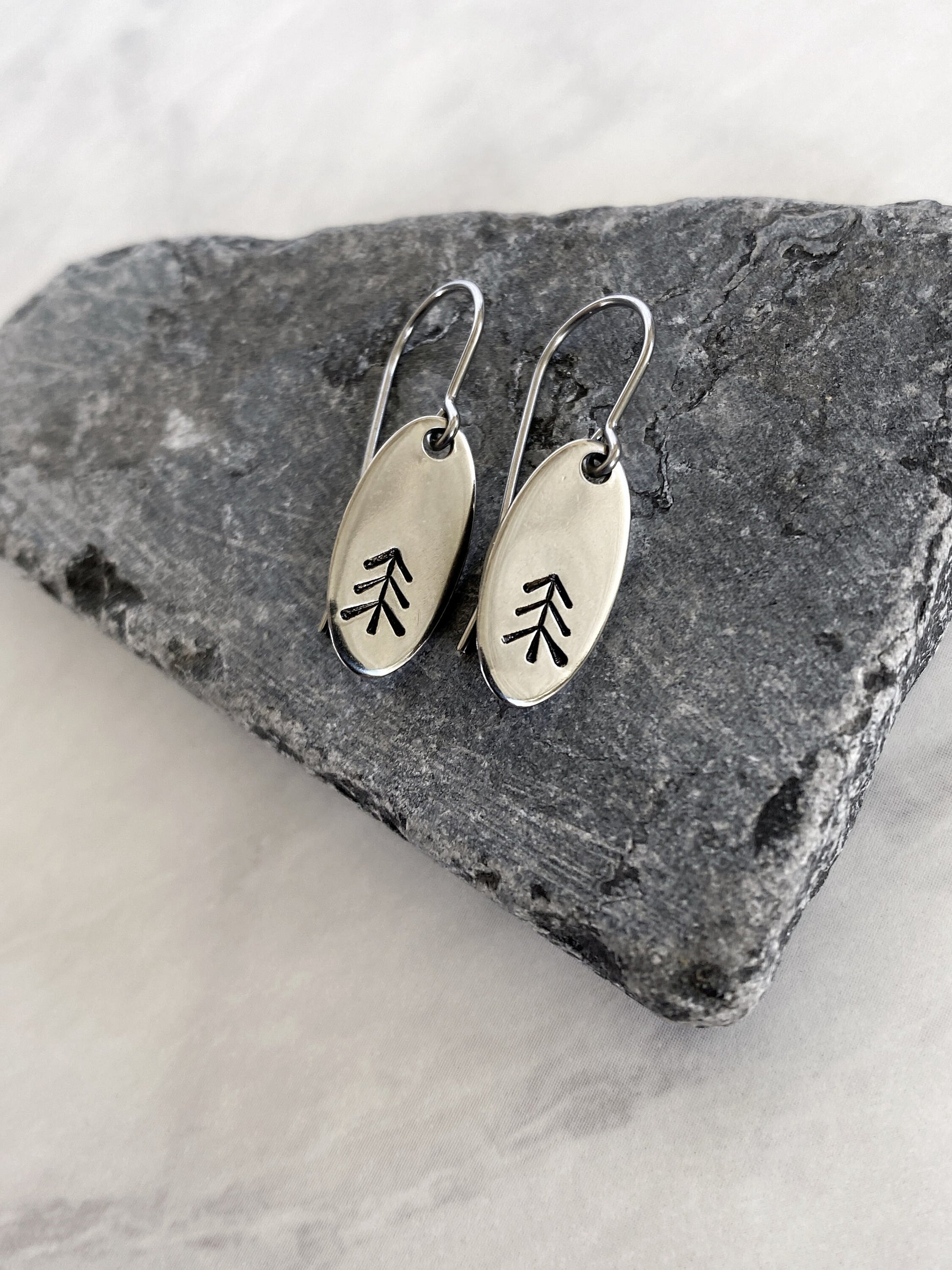 Straight Pine Tree Earrings - Camping Earrings - Silver Tree Jewelry - Stainless Steel Stamped Oval Dangle Earrings - Pine Earrings