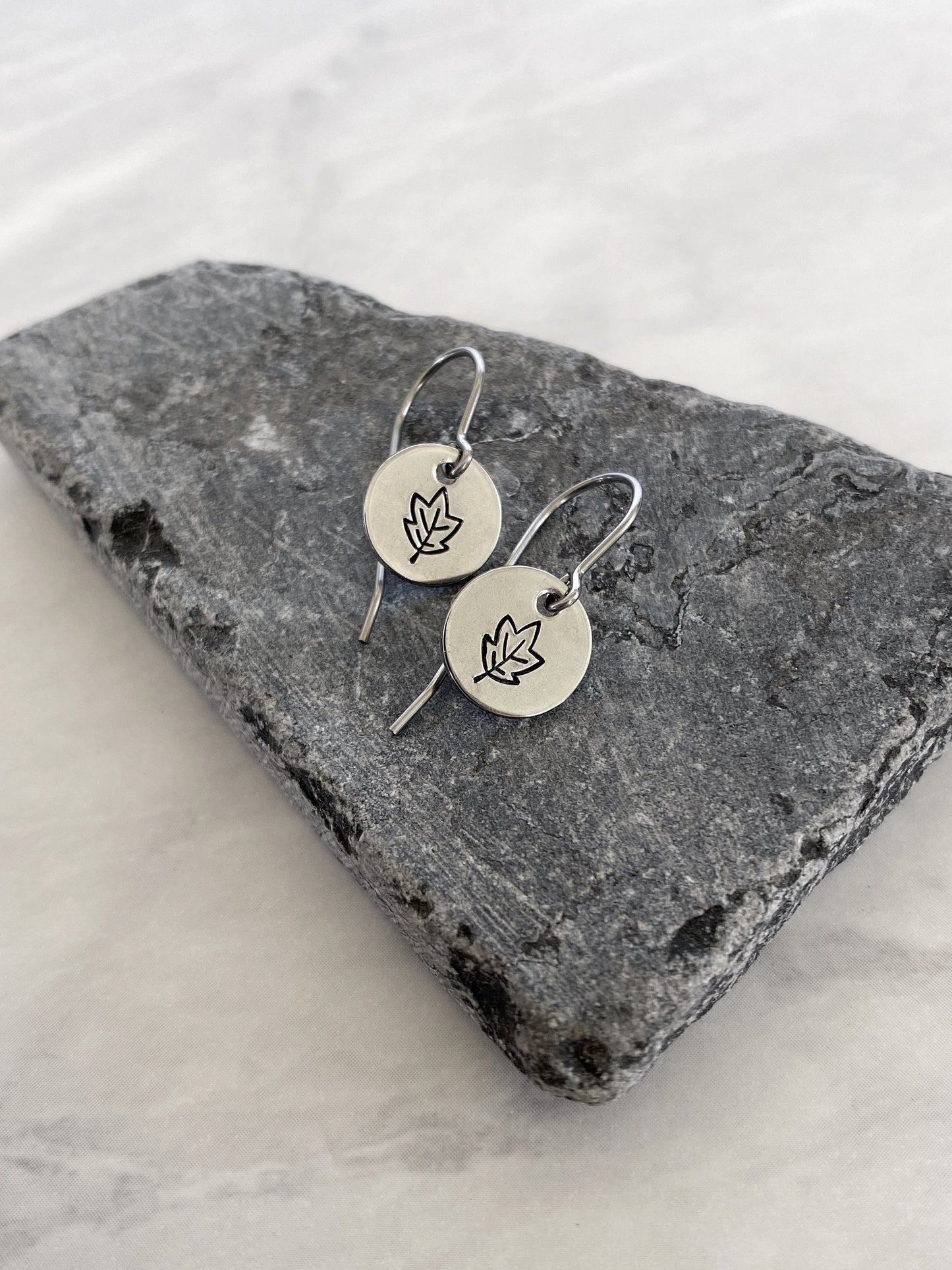 Autumn Leaves Earrings - Silver Leaf Jewelry - Stainless Steel Stamped Round Dangle Earrings - Silver Maple Earrings