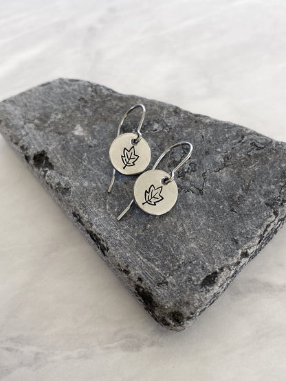 Autumn Leaves Earrings - Silver Leaf Jewelry - Stainless Steel Stamped Round Dangle Earrings - Silver Maple Earrings