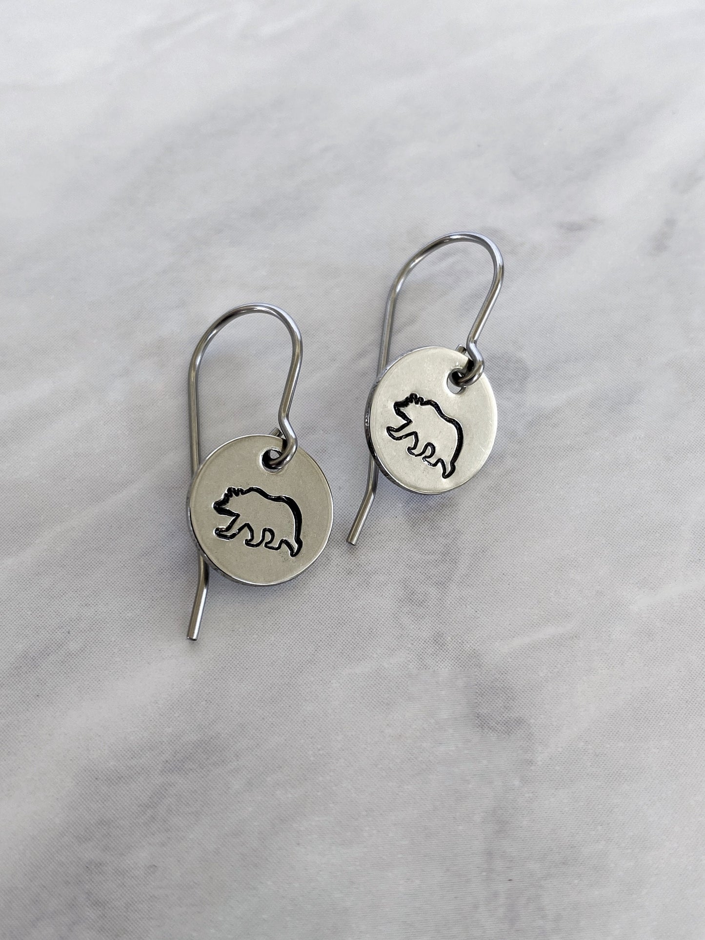 Bear Earrings - Stainless Steel Stamped Round Dangle Earrings with Bear Silhouette - Hiker Gift - Silver Bear Jewelry