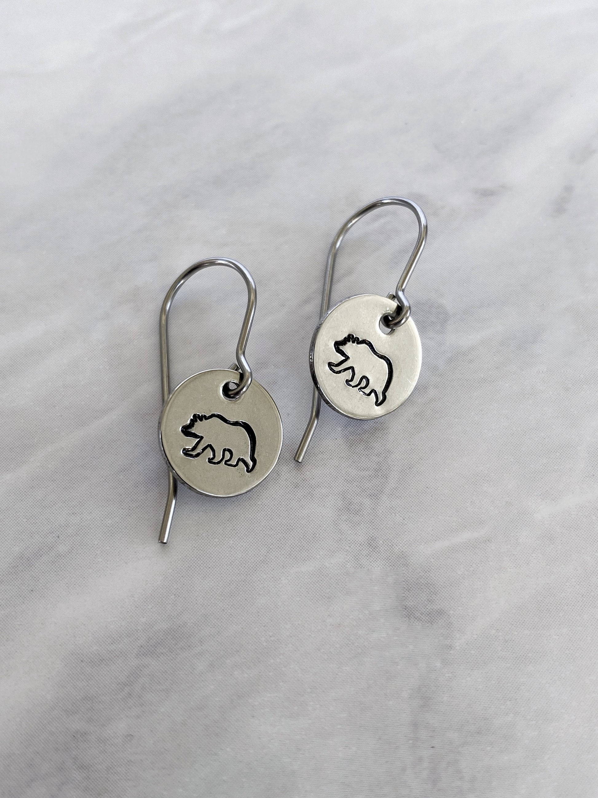 Bear Earrings - Stainless Steel Stamped Round Dangle Earrings with Bear Silhouette - Hiker Gift - Silver Bear Jewelry