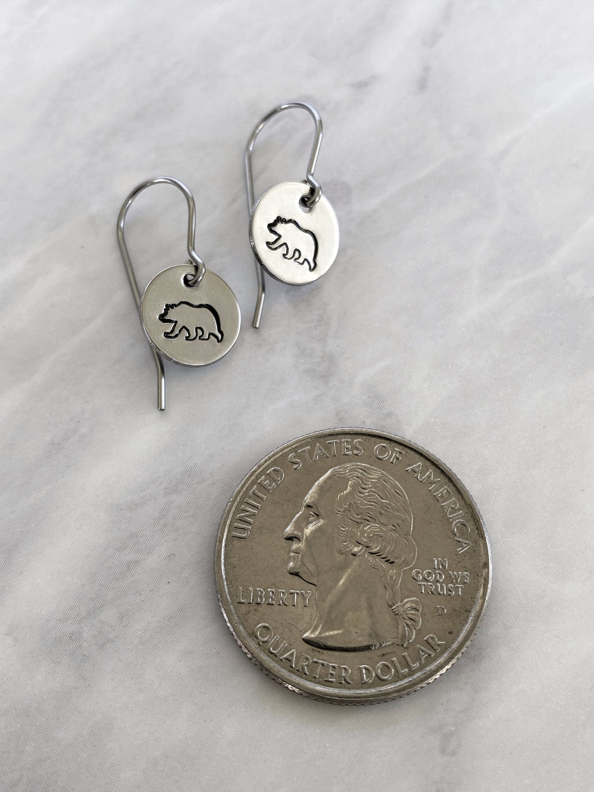 Bear Earrings - Stainless Steel Stamped Round Dangle Earrings with Bear Silhouette - Hiker Gift - Silver Bear Jewelry