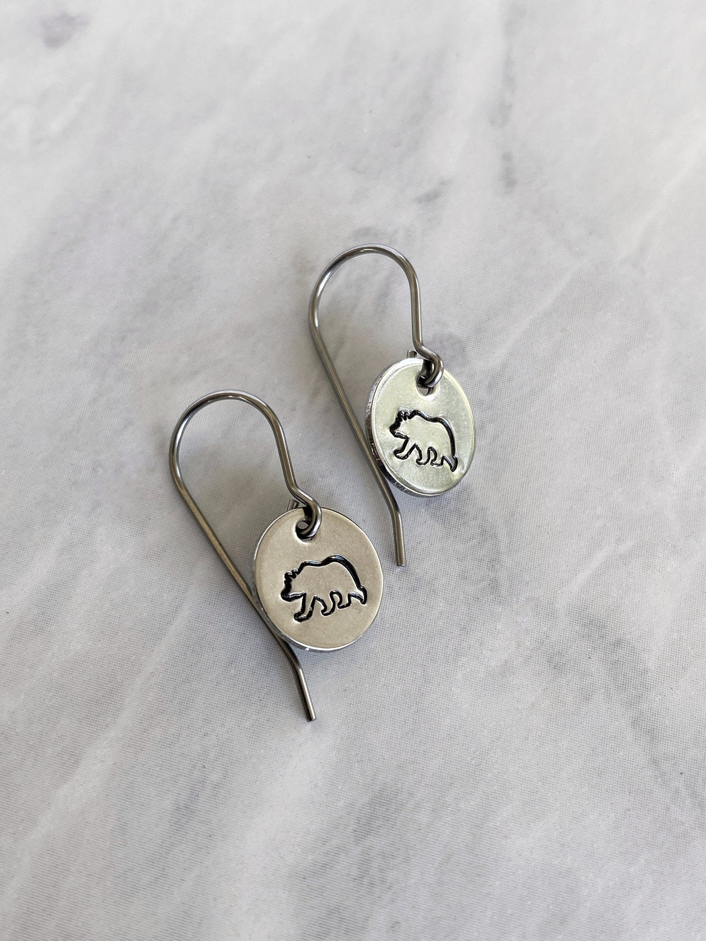 Bear Earrings - Stainless Steel Stamped Round Dangle Earrings with Bear Silhouette - Hiker Gift - Silver Bear Jewelry