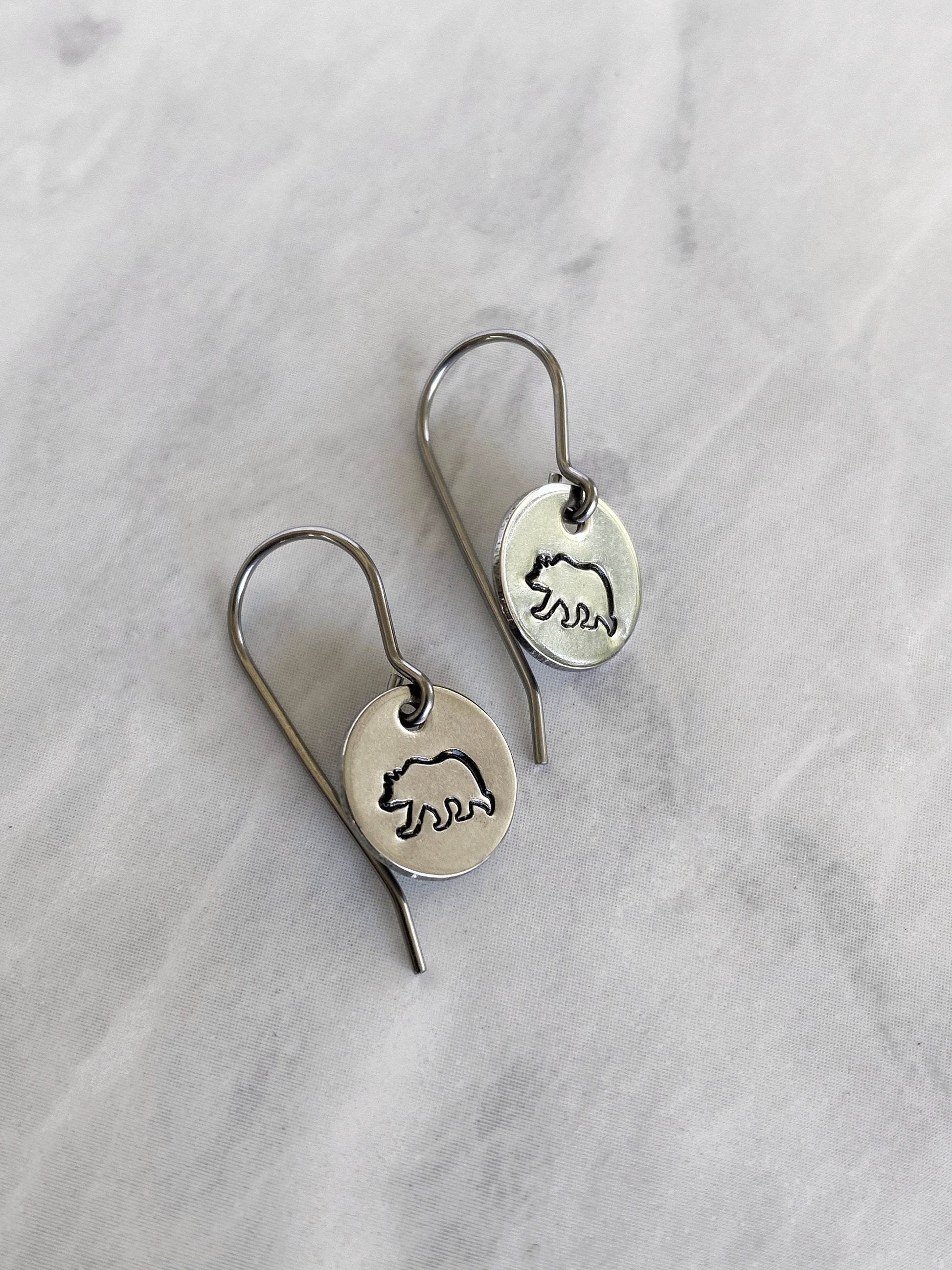 Bear Earrings - Stainless Steel Stamped Round Dangle Earrings with Bear Silhouette - Hiker Gift - Silver Bear Jewelry