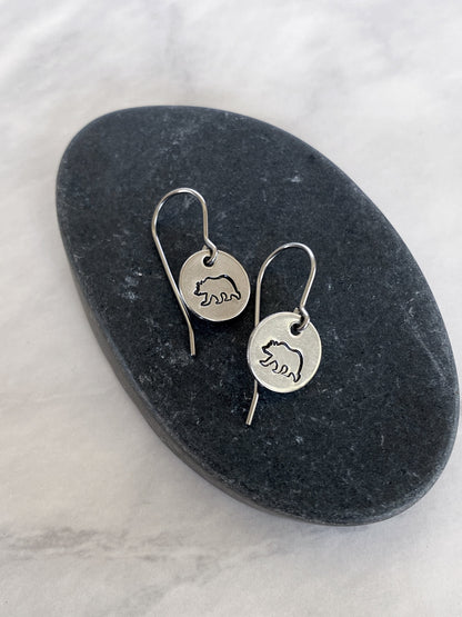 Bear Earrings - Stainless Steel Stamped Round Dangle Earrings with Bear Silhouette - Hiker Gift - Silver Bear Jewelry