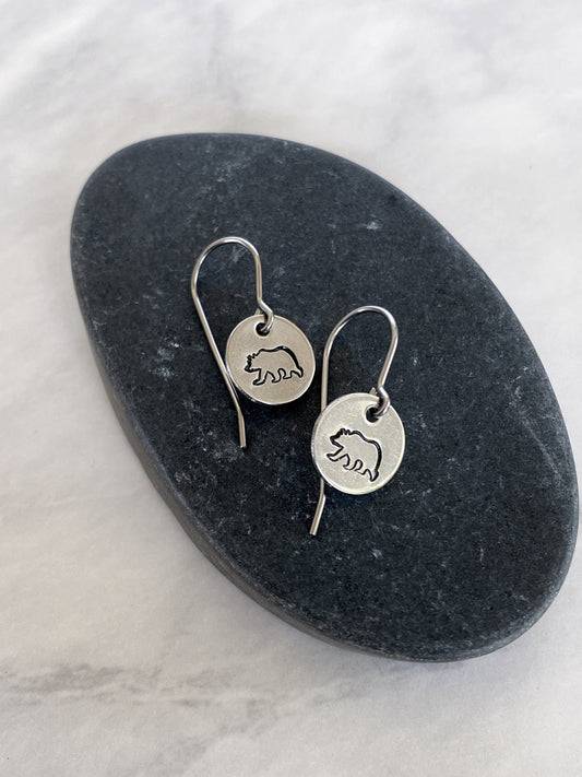 Bear Earrings - Stainless Steel Stamped Round Dangle Earrings with Bear Silhouette - Hiker Gift - Silver Bear Jewelry