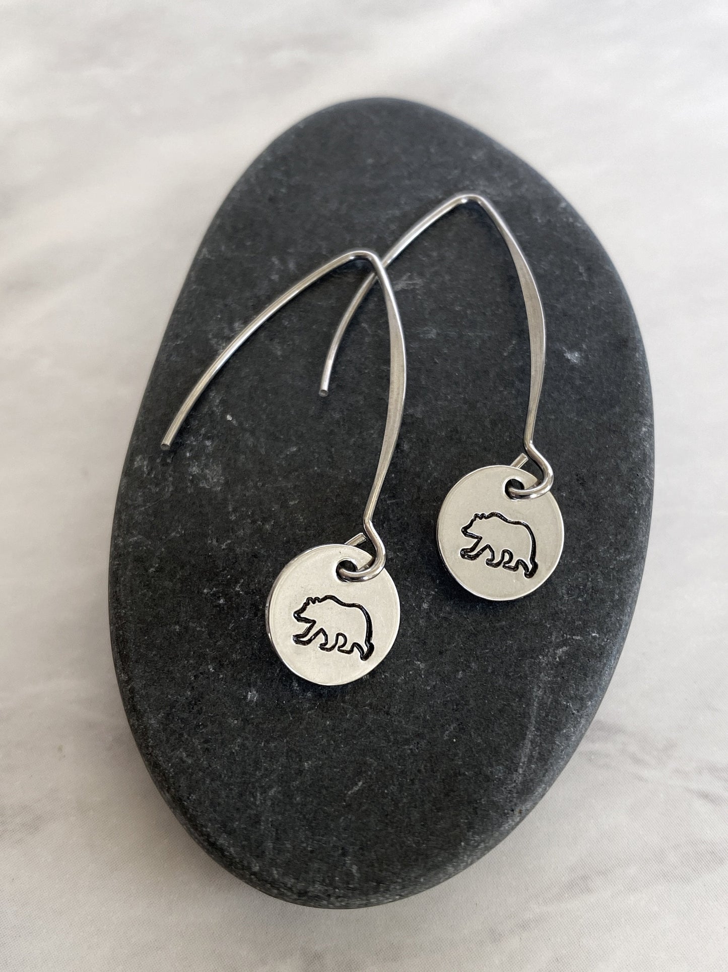 Drop Bear Silhouette Earrings - Bear Earrings - Stainless Steel Stamped Round Dangle Earrings - Silver Bear Jewelry