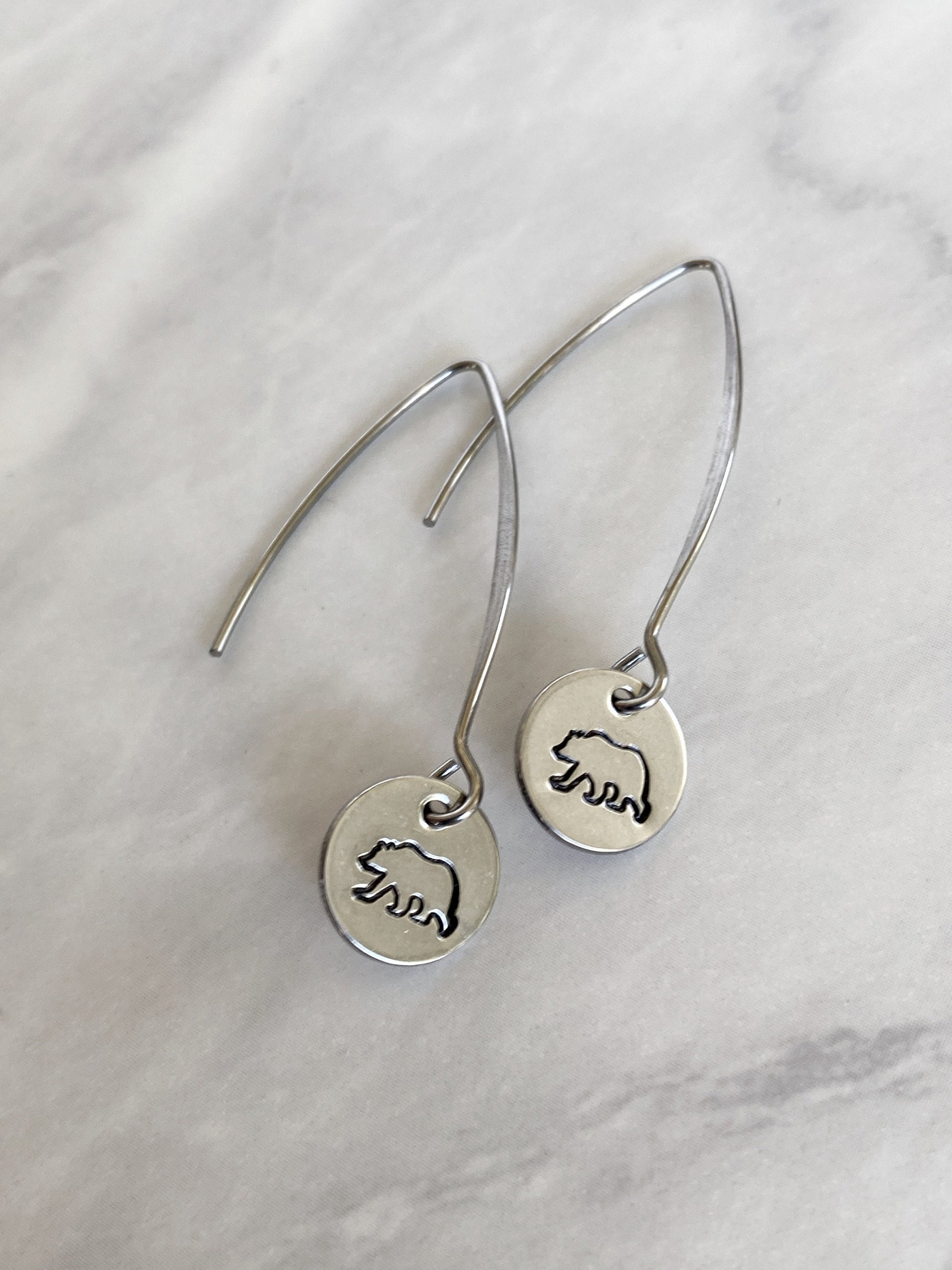 Drop Bear Silhouette Earrings - Bear Earrings - Stainless Steel Stamped Round Dangle Earrings - Silver Bear Jewelry