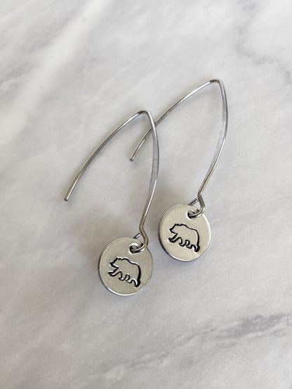 Drop Bear Silhouette Earrings - Bear Earrings - Stainless Steel Stamped Round Dangle Earrings - Silver Bear Jewelry