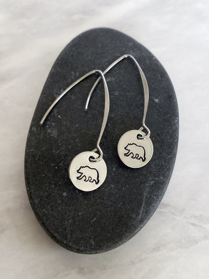 Drop Bear Silhouette Earrings - Bear Earrings - Stainless Steel Stamped Round Dangle Earrings - Silver Bear Jewelry