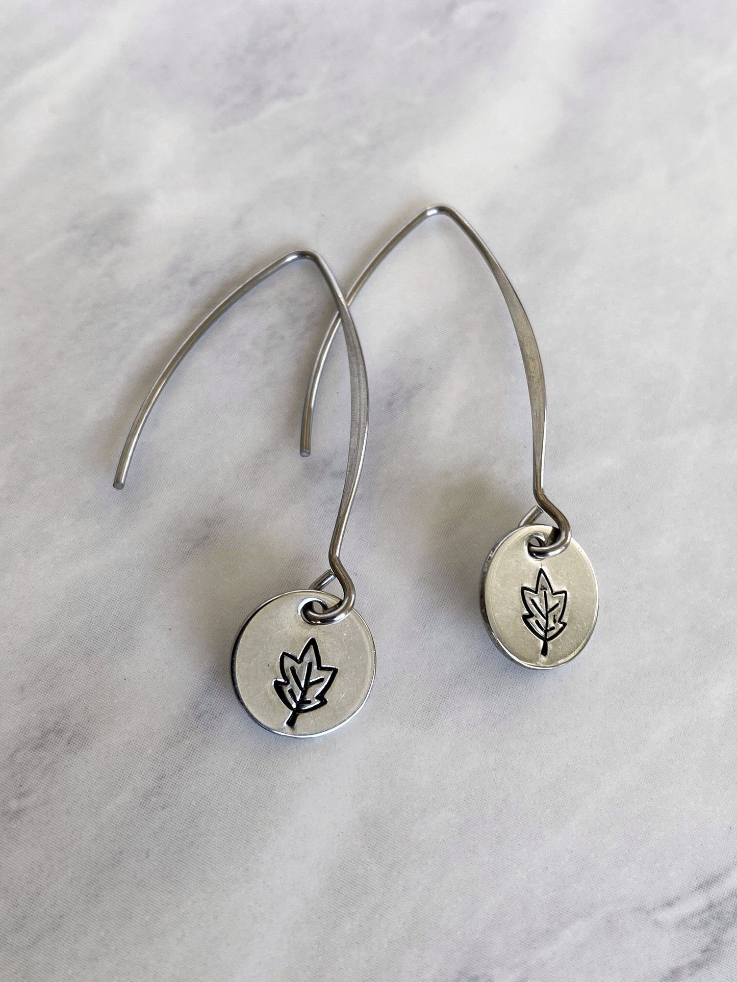 Drop Autumn Leaves Earrings - Leaf Earrings - Stainless Steel Stamped Round Dangle Earrings - Silver Leaf Jewelry