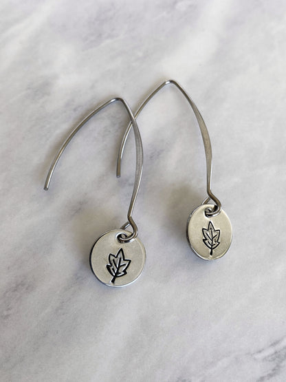 Drop Autumn Leaves Earrings - Leaf Earrings - Stainless Steel Stamped Round Dangle Earrings - Silver Leaf Jewelry