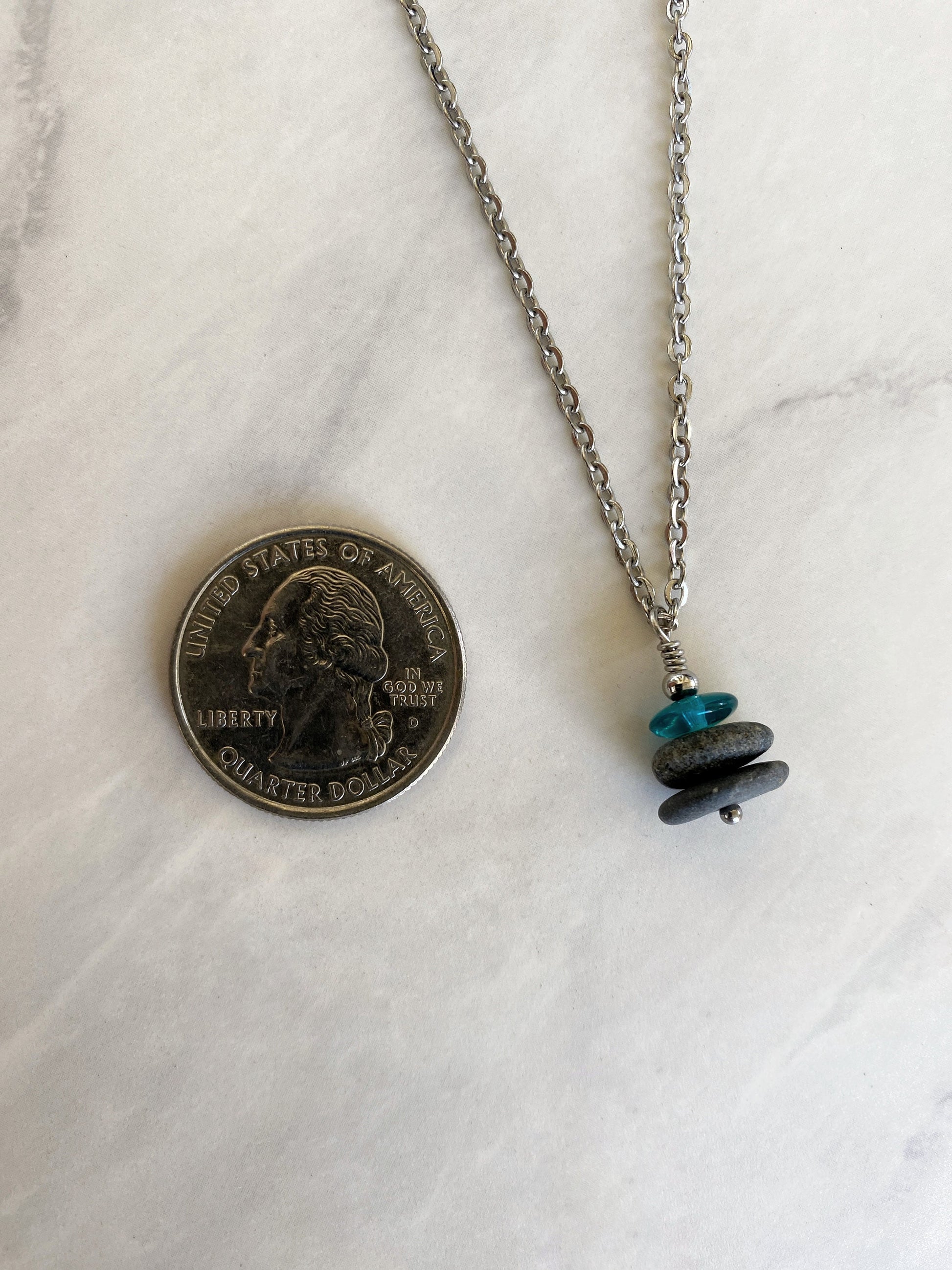 3 Stone Teal Flat Cairn Necklace - Green Glass Pebble Necklace - Stainless Steel Beach Stone Necklace - Stacked Rock Necklace