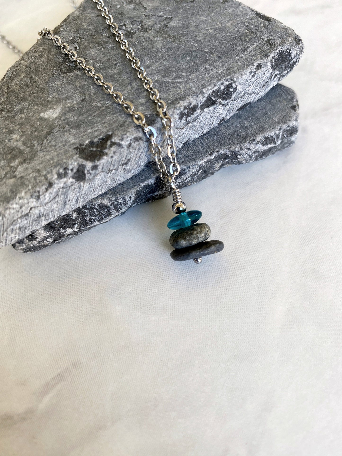 3 Stone Teal Flat Cairn Necklace - Green Glass Pebble Necklace - Stainless Steel Beach Stone Necklace - Stacked Rock Necklace