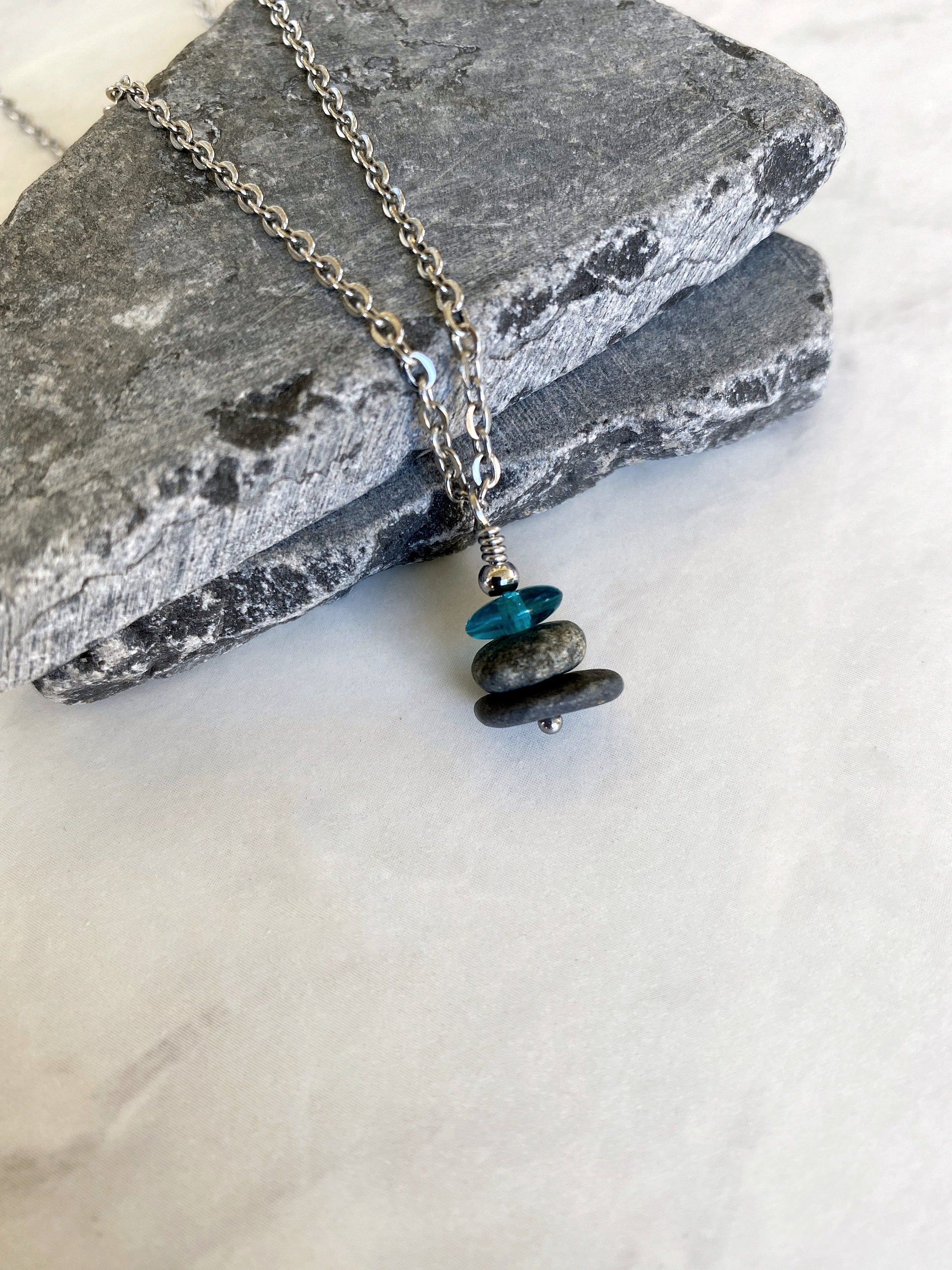 3 Stone Teal Flat Cairn Necklace - Green Glass Pebble Necklace - Stainless Steel Beach Stone Necklace - Stacked Rock Necklace