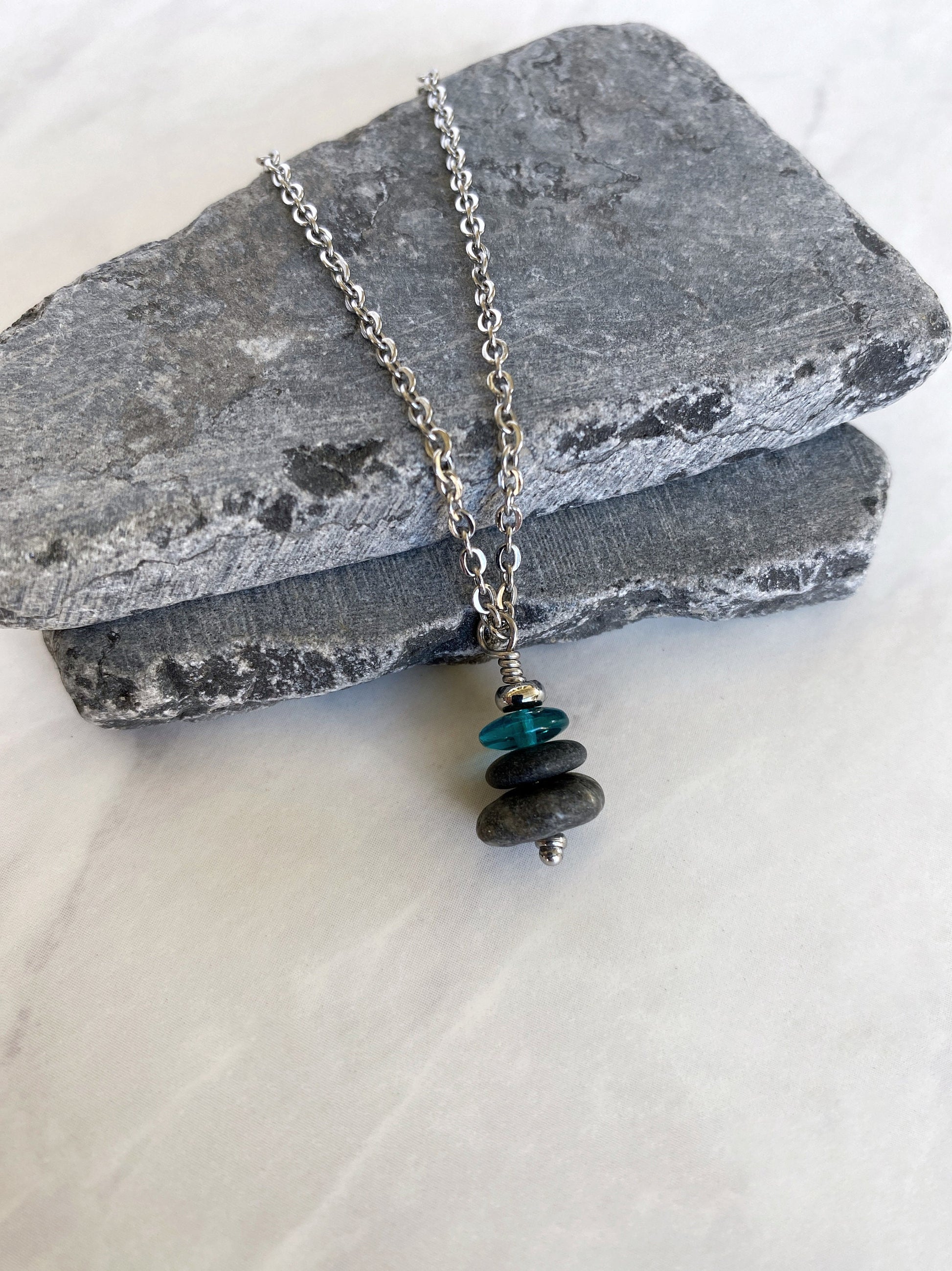 3 Stone Teal Flat Cairn Necklace - Green Glass Pebble Necklace - Stainless Steel Beach Stone Necklace - Stacked Rock Necklace