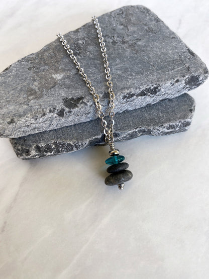 3 Stone Teal Flat Cairn Necklace - Green Glass Pebble Necklace - Stainless Steel Beach Stone Necklace - Stacked Rock Necklace