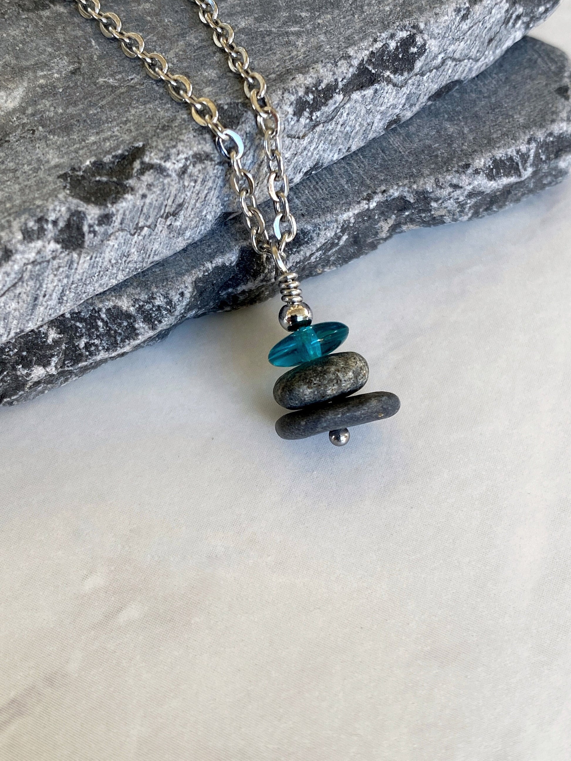 3 Stone Teal Flat Cairn Necklace - Green Glass Pebble Necklace - Stainless Steel Beach Stone Necklace - Stacked Rock Necklace