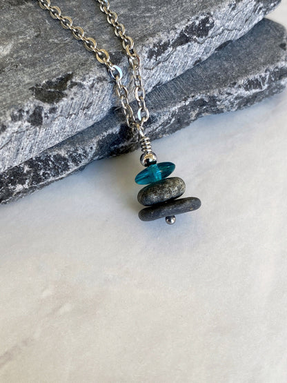 3 Stone Teal Flat Cairn Necklace - Green Glass Pebble Necklace - Stainless Steel Beach Stone Necklace - Stacked Rock Necklace