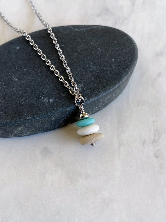 3 Stone Aqua Flat Cairn Necklace - Turquoise Glass Pebble Necklace - Stainless Steel Beach Stone Necklace - Stacked Rock Necklace