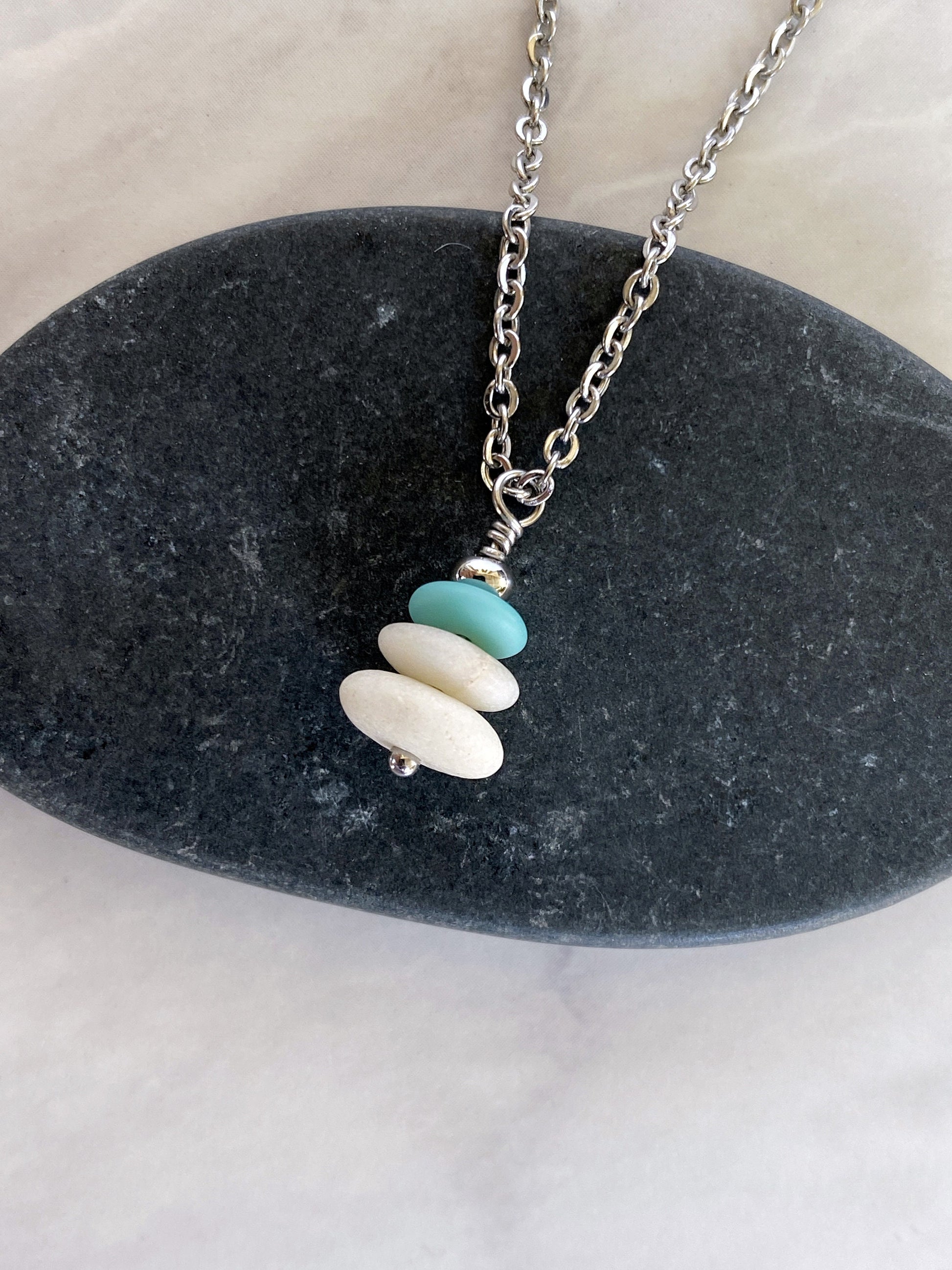 3 Stone Aqua Flat Cairn Necklace - Turquoise Glass Pebble Necklace - Stainless Steel Beach Stone Necklace - Stacked Rock Necklace