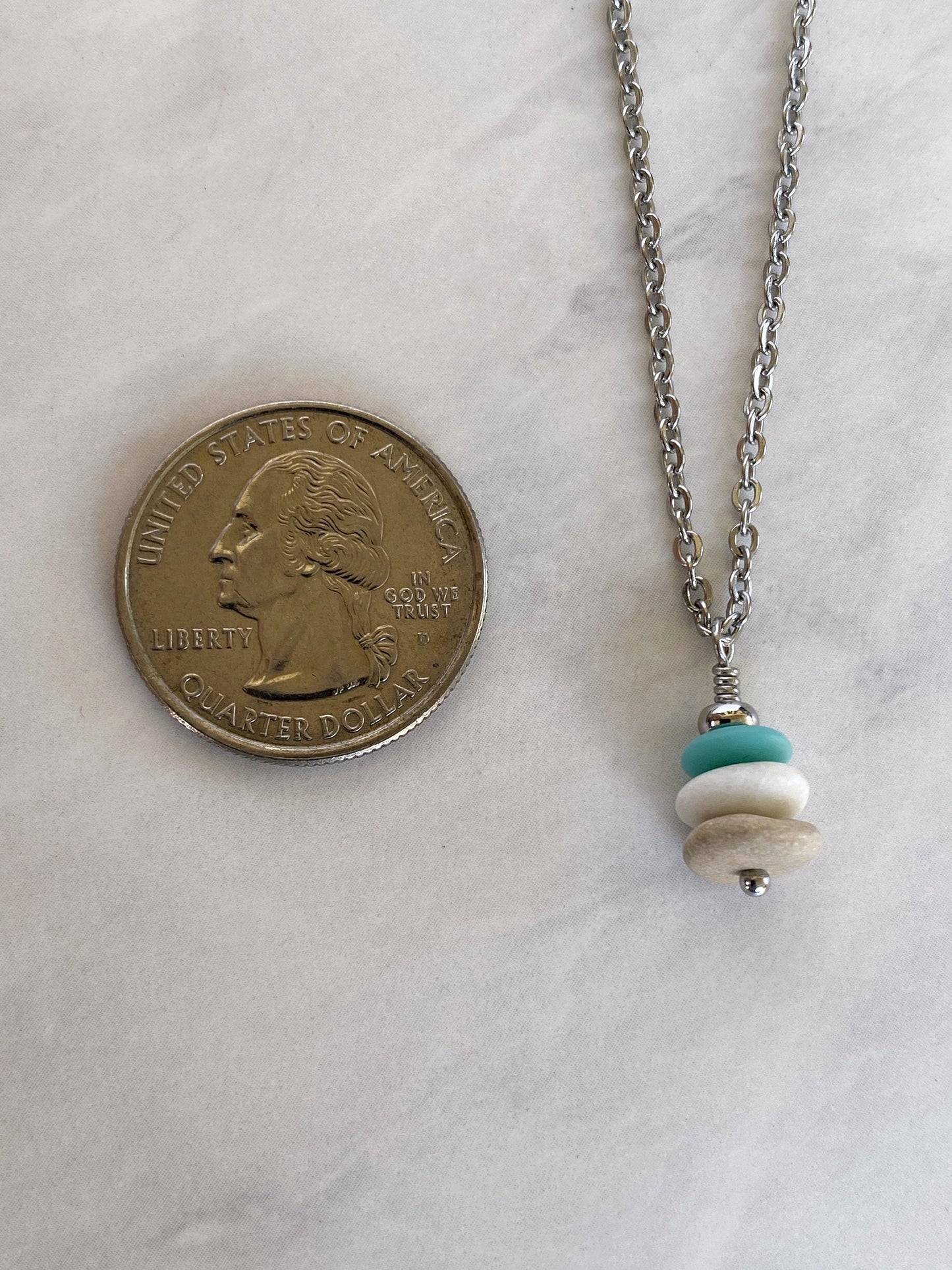 3 Stone Aqua Flat Cairn Necklace - Turquoise Glass Pebble Necklace - Stainless Steel Beach Stone Necklace - Stacked Rock Necklace