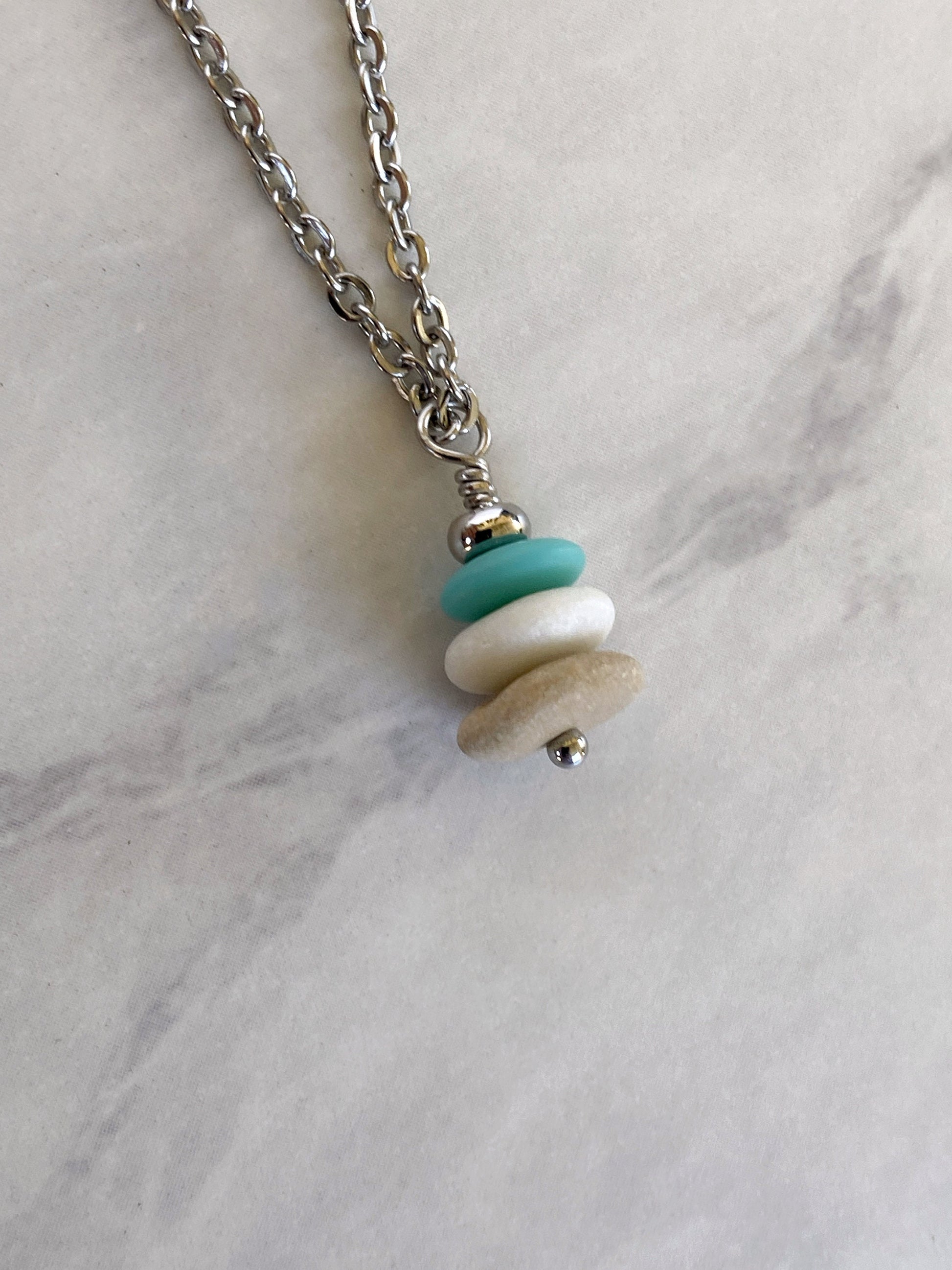 3 Stone Aqua Flat Cairn Necklace - Turquoise Glass Pebble Necklace - Stainless Steel Beach Stone Necklace - Stacked Rock Necklace