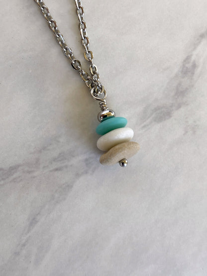 3 Stone Aqua Flat Cairn Necklace - Turquoise Glass Pebble Necklace - Stainless Steel Beach Stone Necklace - Stacked Rock Necklace