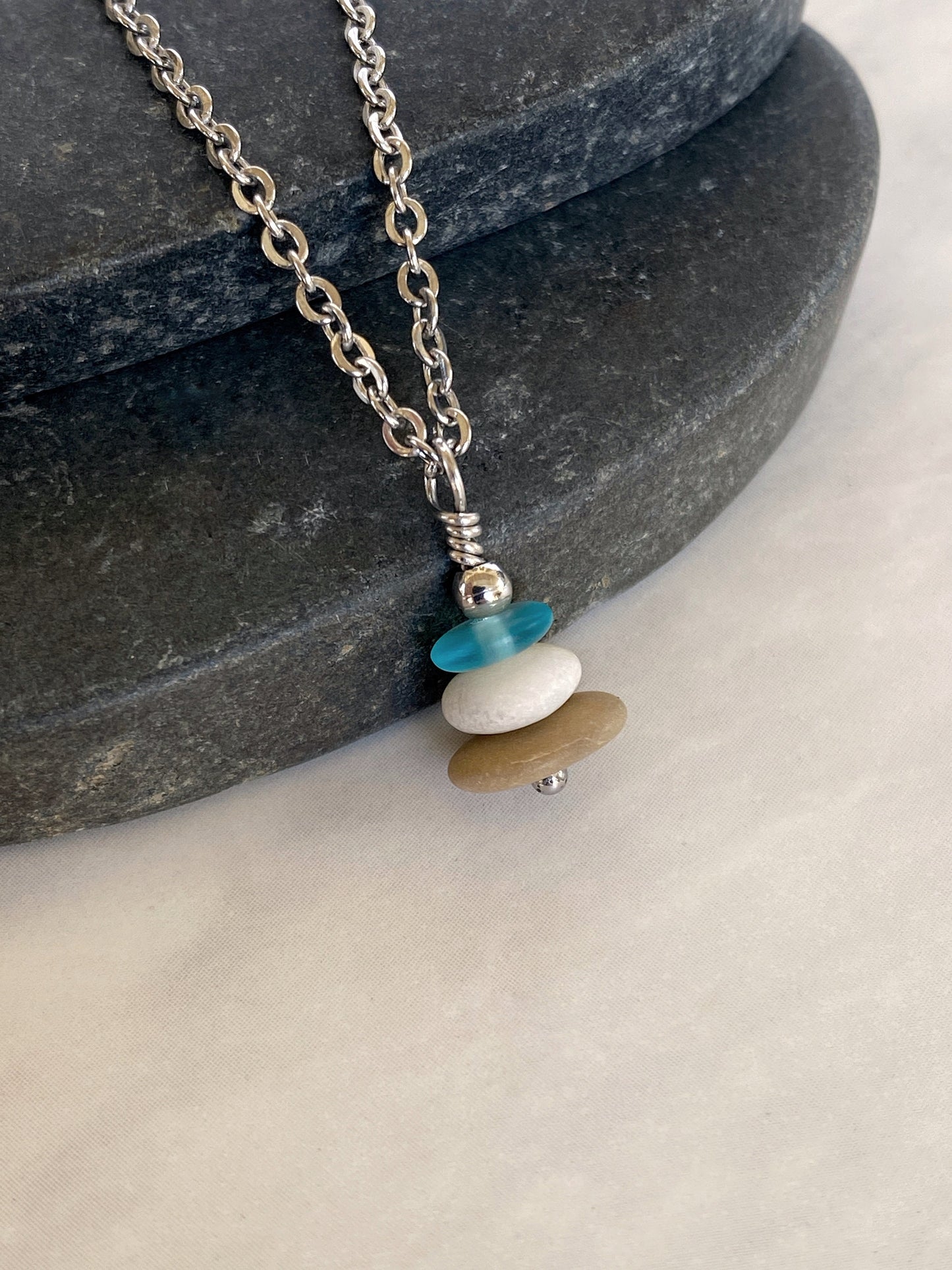 3 Stone Light Blue Flat Cairn Necklace - Blue Glass Pebble Necklace - Stainless Steel Beach Stone Necklace - Stacked Rock Necklace
