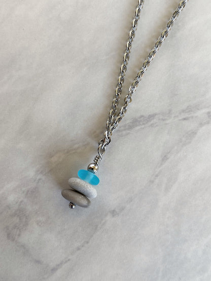3 Stone Light Blue Flat Cairn Necklace - Blue Glass Pebble Necklace - Stainless Steel Beach Stone Necklace - Stacked Rock Necklace