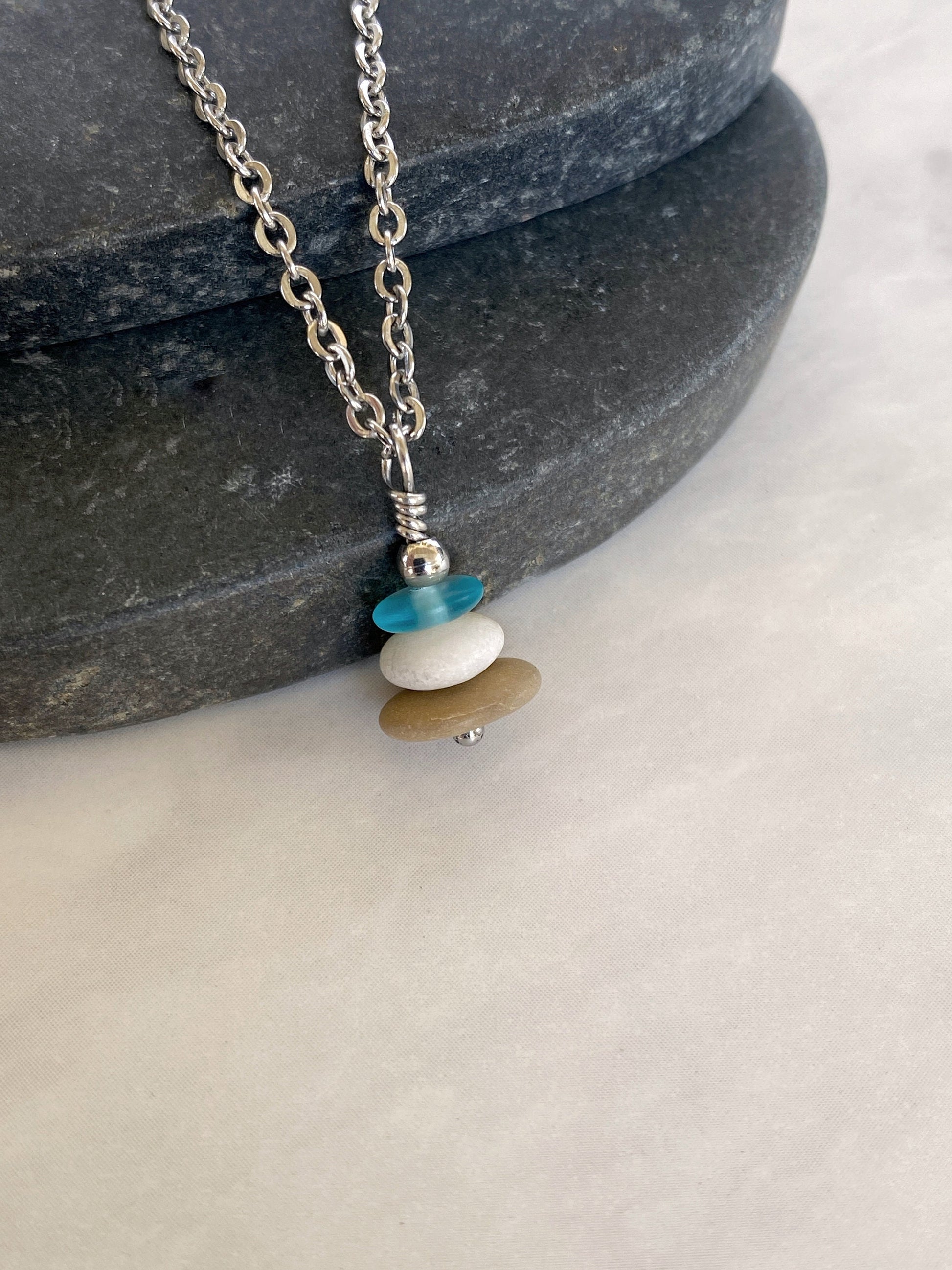 3 Stone Light Blue Flat Cairn Necklace - Blue Glass Pebble Necklace - Stainless Steel Beach Stone Necklace - Stacked Rock Necklace