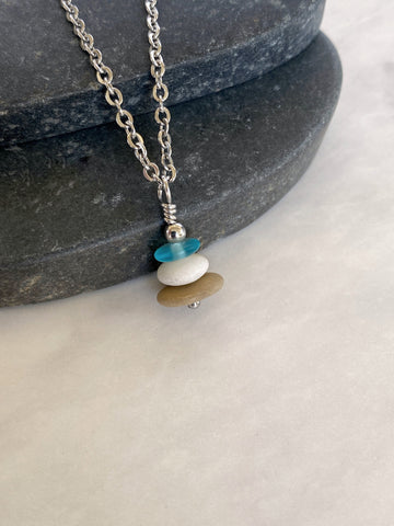 3 Stone Light Blue Flat Cairn Necklace - Blue Glass Pebble Necklace - Stainless Steel Beach Stone Necklace - Stacked Rock Necklace