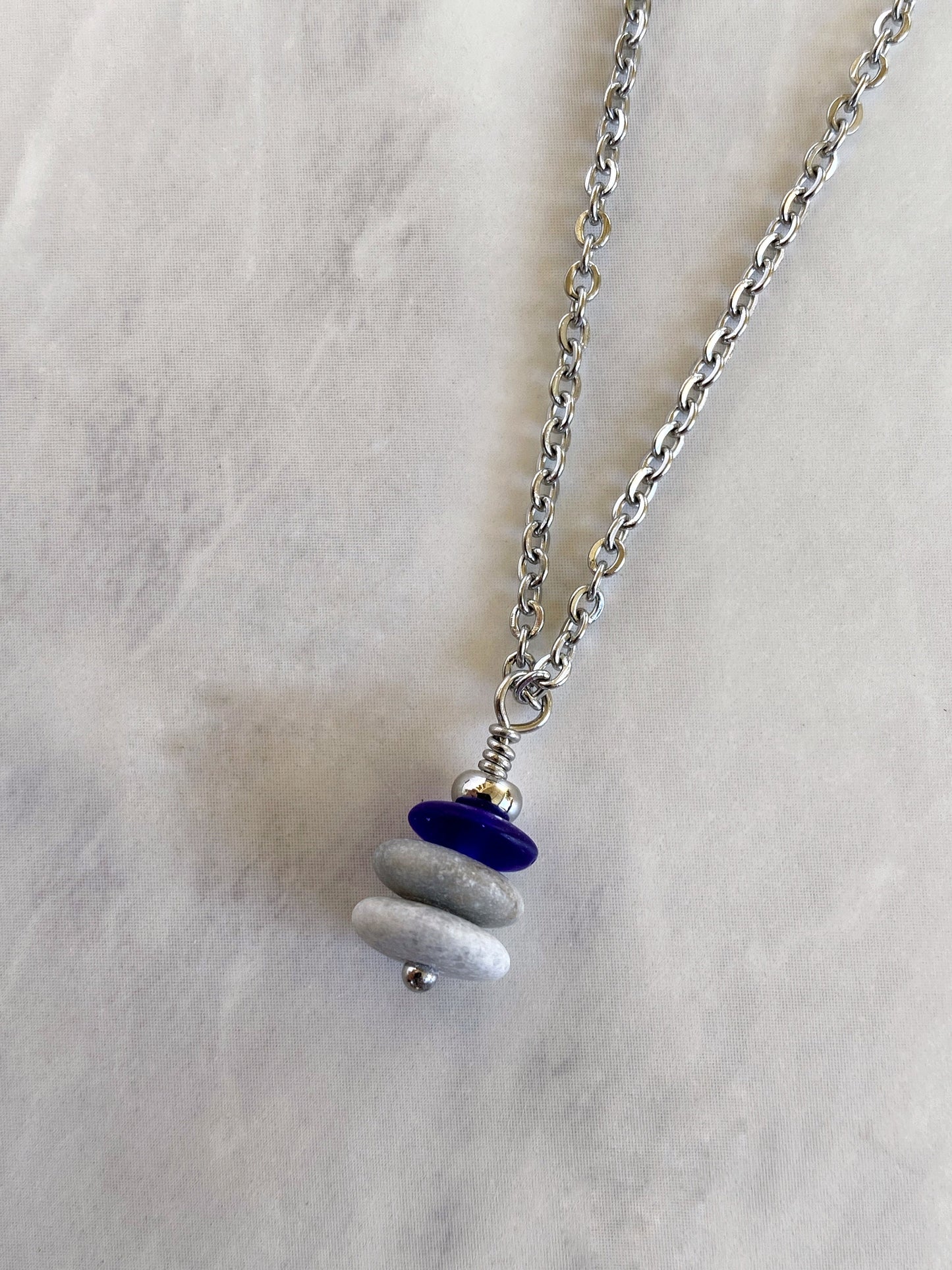 3 Stone Indigo Flat Cairn Necklace - Blue Glass Pebble Necklace - Stainless Steel Beach Stone Necklace - Stacked Rock Necklace