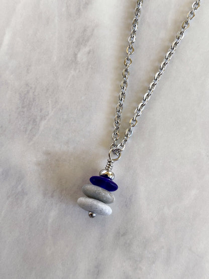 3 Stone Indigo Flat Cairn Necklace - Blue Glass Pebble Necklace - Stainless Steel Beach Stone Necklace - Stacked Rock Necklace