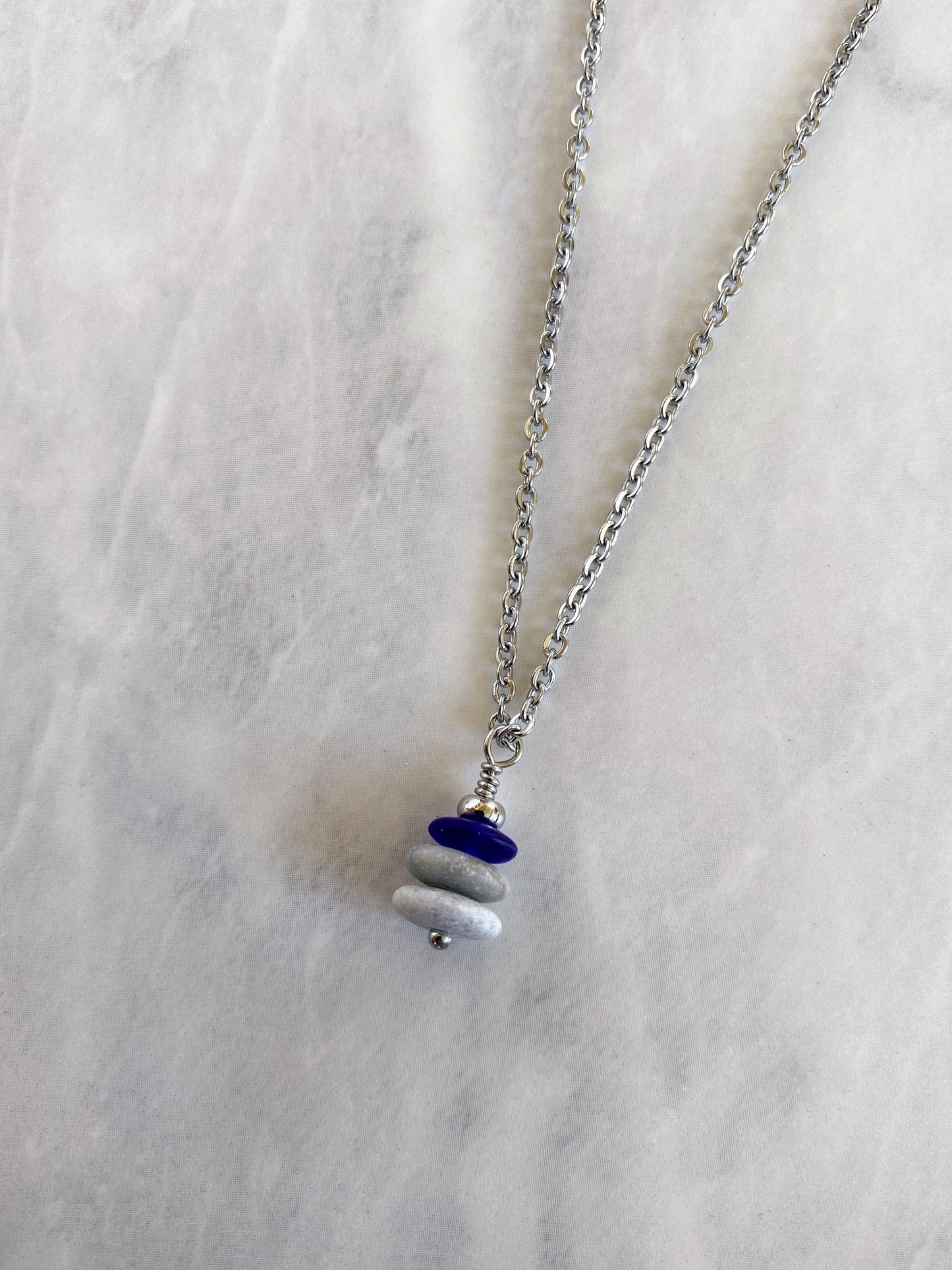 3 Stone Indigo Flat Cairn Necklace - Blue Glass Pebble Necklace - Stainless Steel Beach Stone Necklace - Stacked Rock Necklace
