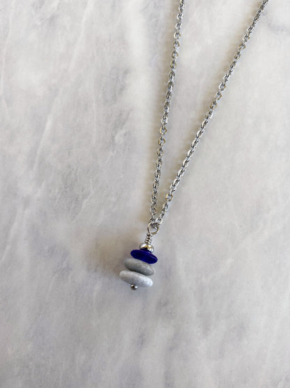 3 Stone Indigo Flat Cairn Necklace - Blue Glass Pebble Necklace - Stainless Steel Beach Stone Necklace - Stacked Rock Necklace