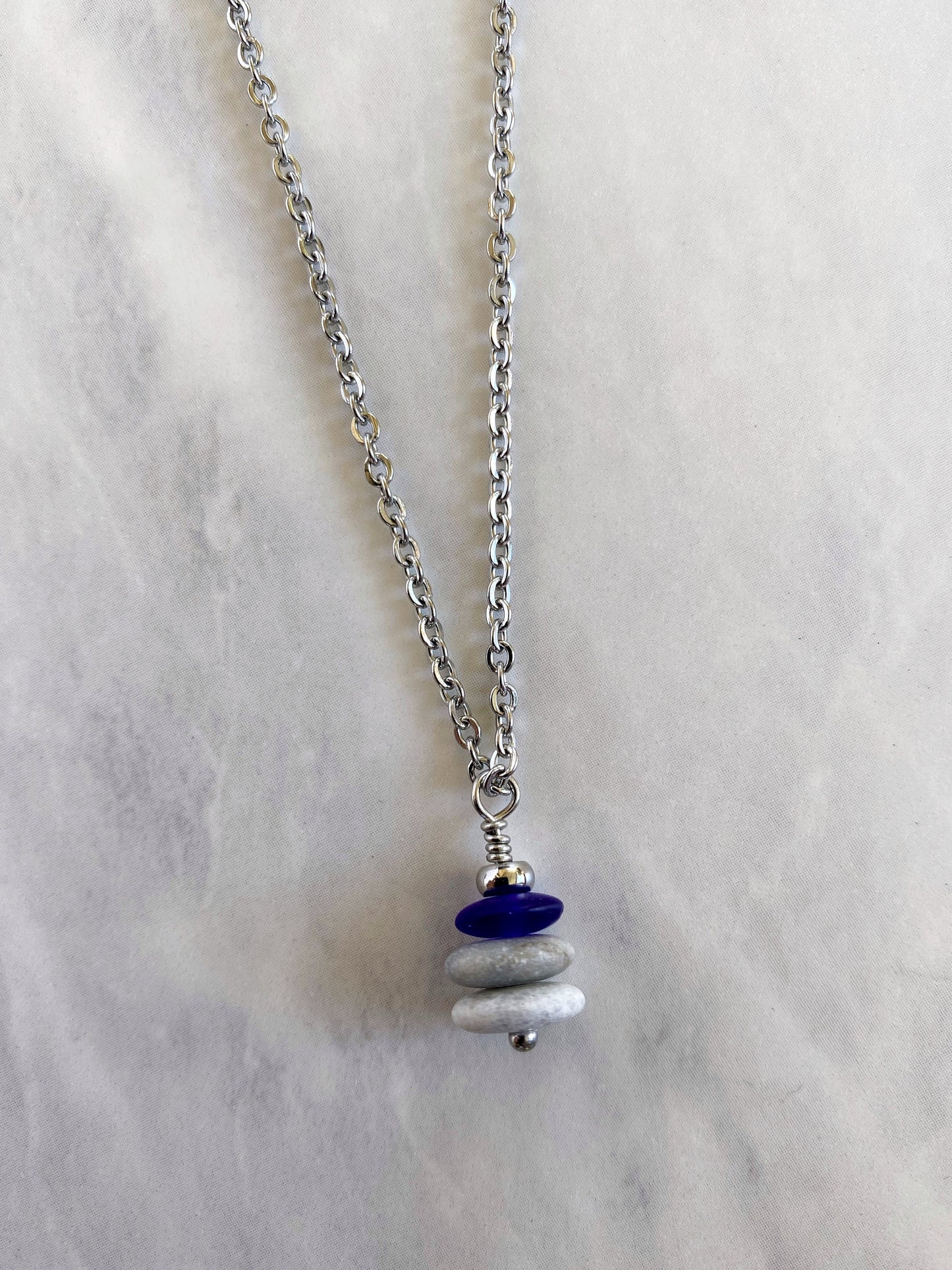 3 Stone Indigo Flat Cairn Necklace - Blue Glass Pebble Necklace - Stainless Steel Beach Stone Necklace - Stacked Rock Necklace