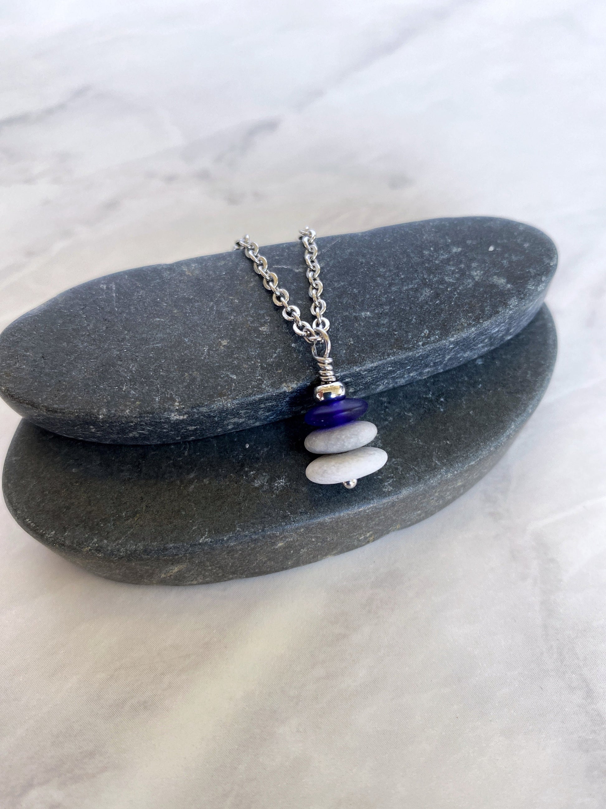 3 Stone Indigo Flat Cairn Necklace - Blue Glass Pebble Necklace - Stainless Steel Beach Stone Necklace - Stacked Rock Necklace
