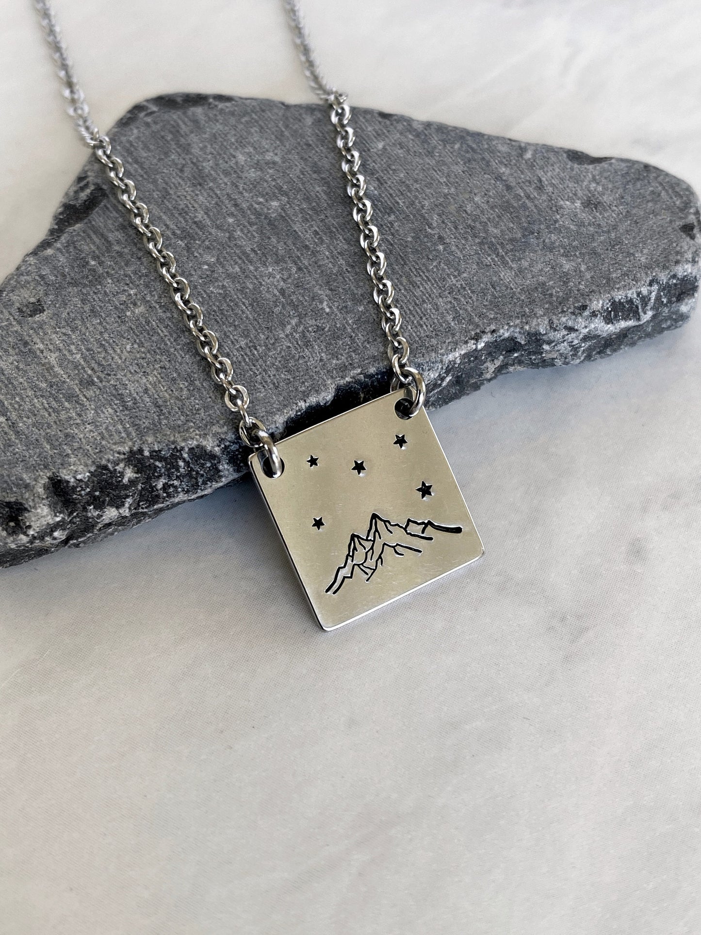 Mountains and Stars Square Necklace - Mountains Steel Stamped Necklace - Adventure Necklace - Hiker Gift - Stainless Steel Necklace