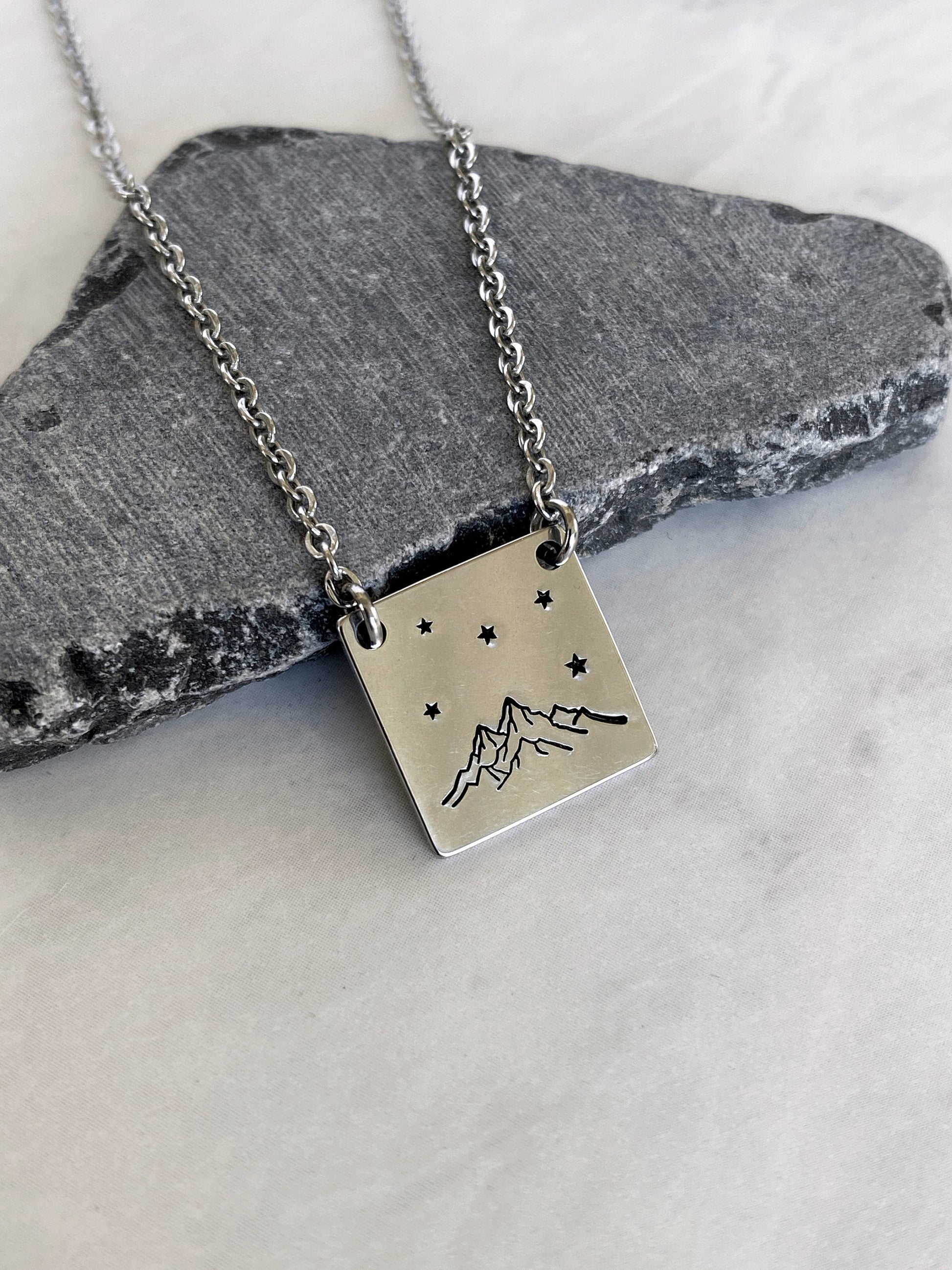 Mountains and Stars Square Necklace - Mountains Steel Stamped Necklace - Adventure Necklace - Hiker Gift - Stainless Steel Necklace