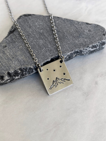Mountains and Stars Square Necklace - Mountains Steel Stamped Necklace - Adventure Necklace - Hiker Gift - Stainless Steel Necklace