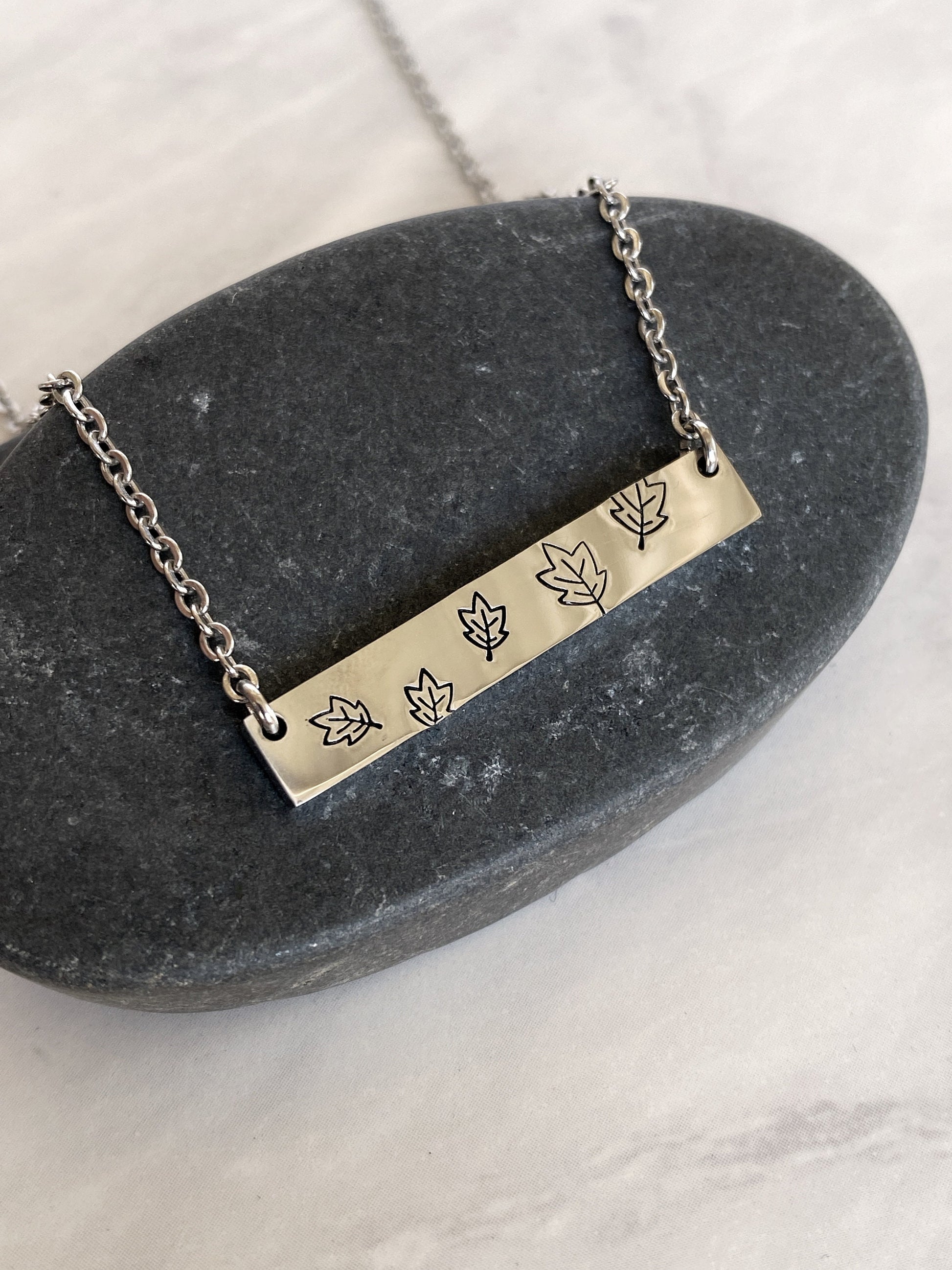Fall Leaves Necklace - Blowing Leaves Necklace - Stainless Steel Stamped Leaves Bar Necklace - Boho Necklace