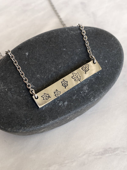 Fall Leaves Necklace - Blowing Leaves Necklace - Stainless Steel Stamped Leaves Bar Necklace - Boho Necklace