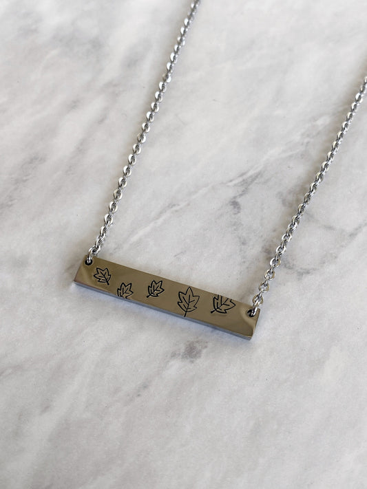 Fall Leaves Necklace - Blowing Leaves Necklace - Stainless Steel Stamped Leaves Bar Necklace - Boho Necklace