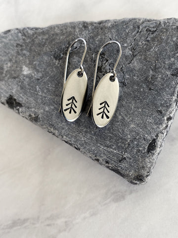 Straight Pine Tree Earrings - Camping Earrings - Silver Tree Jewelry - Stainless Steel Stamped Oval Dangle Earrings - Pine Earrings