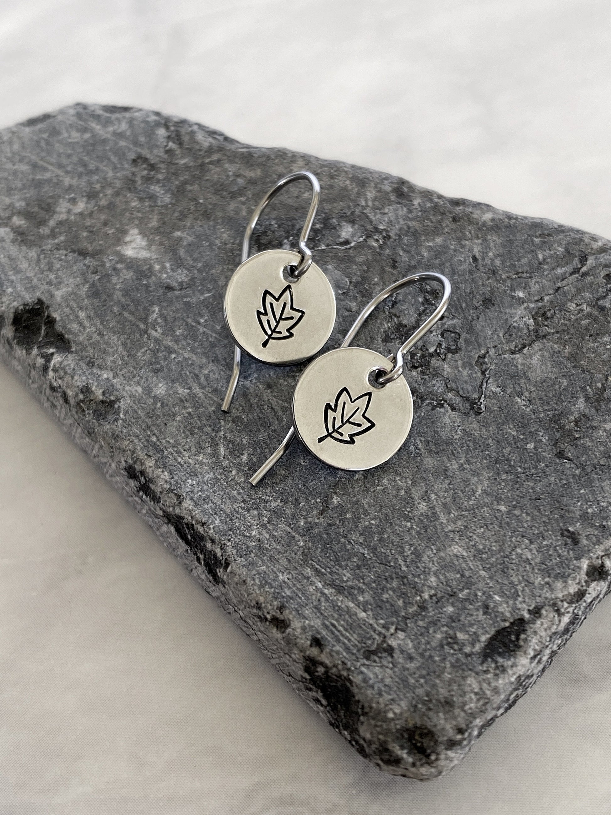 Autumn Leaves Earrings - Silver Leaf Jewelry - Stainless Steel Stamped Round Dangle Earrings - Silver Maple Earrings