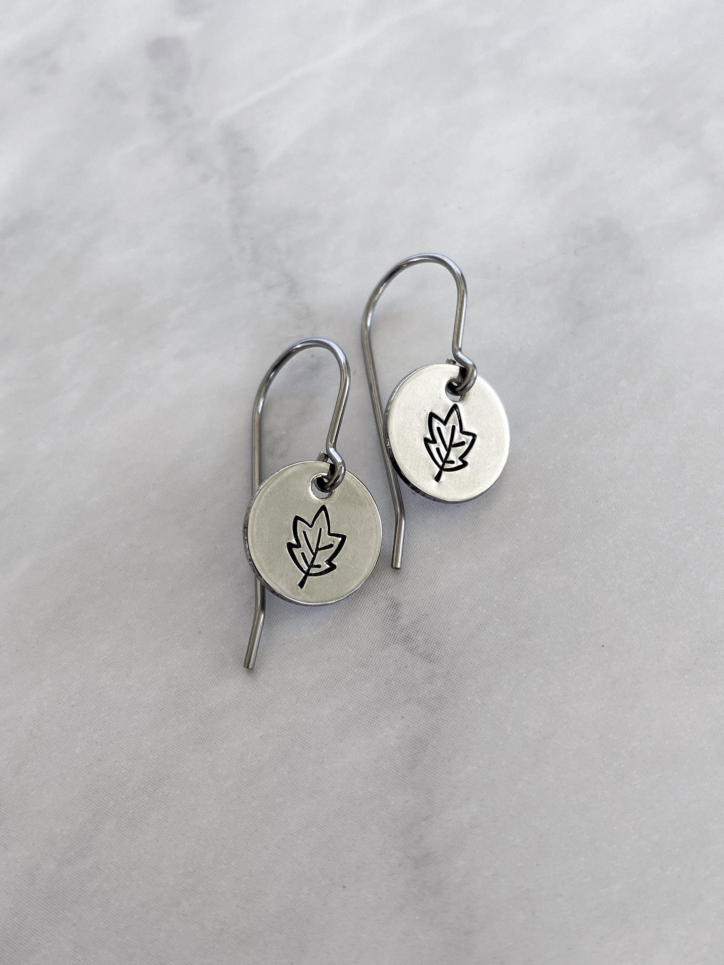 Autumn Leaves Earrings - Silver Leaf Jewelry - Stainless Steel Stamped Round Dangle Earrings - Silver Maple Earrings