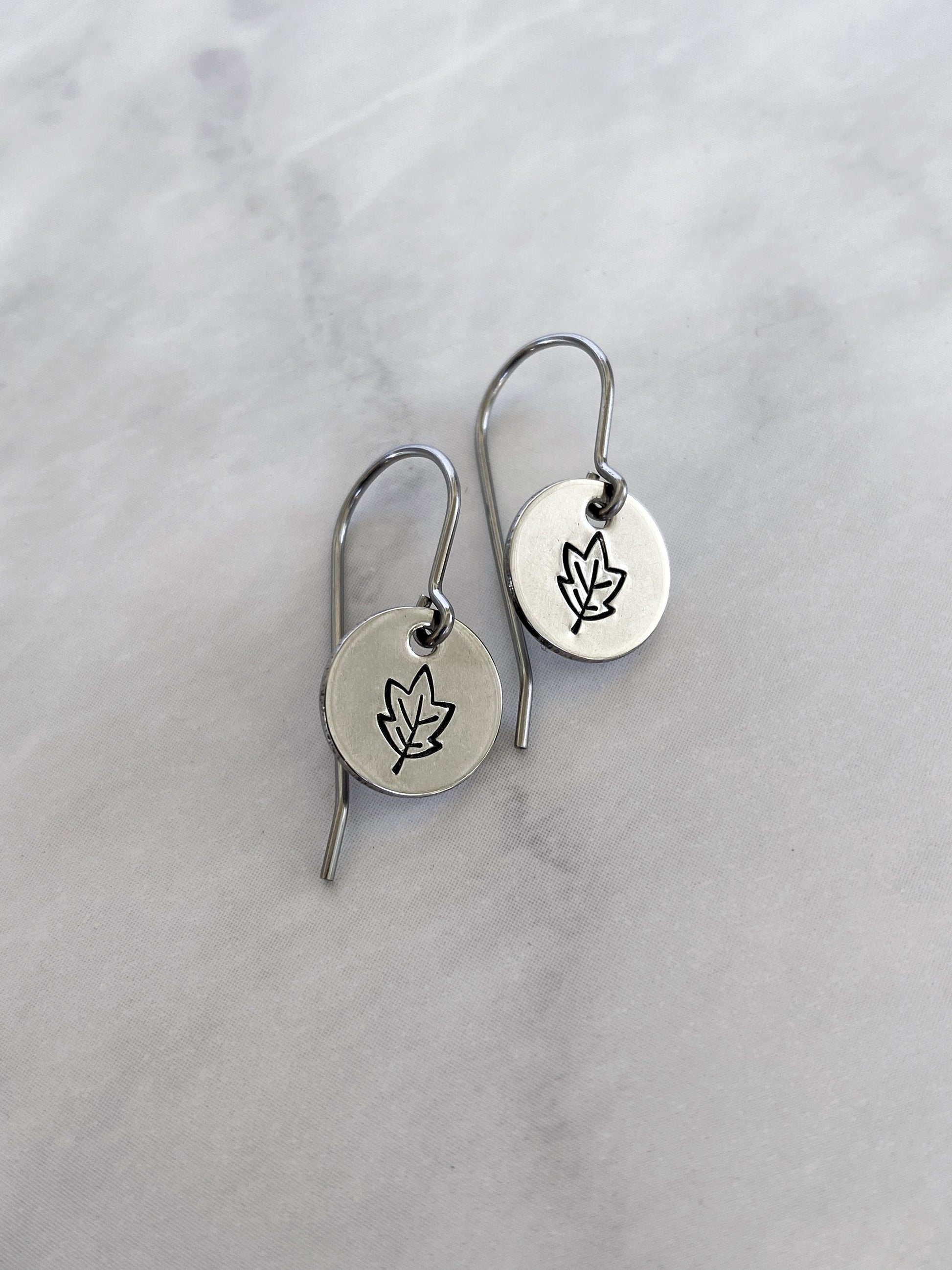 Autumn Leaves Earrings - Silver Leaf Jewelry - Stainless Steel Stamped Round Dangle Earrings - Silver Maple Earrings