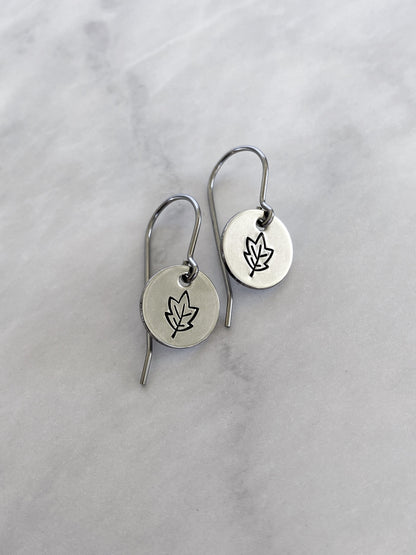 Autumn Leaves Earrings - Silver Leaf Jewelry - Stainless Steel Stamped Round Dangle Earrings - Silver Maple Earrings
